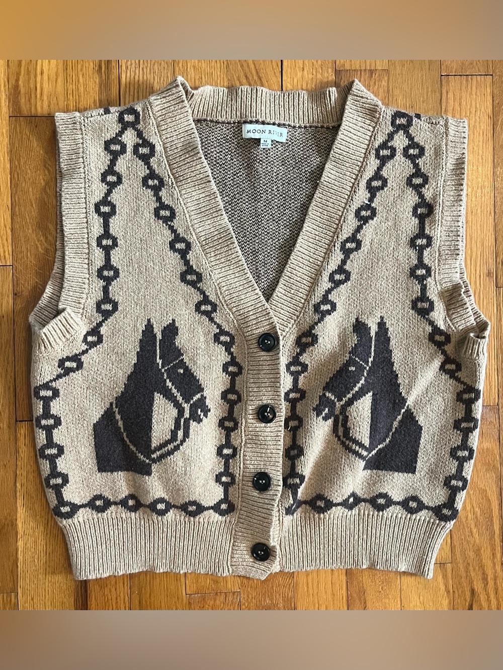 Moon River Anthropologie Horse Sweater Vest Brown Button Down Sleeveless Size M